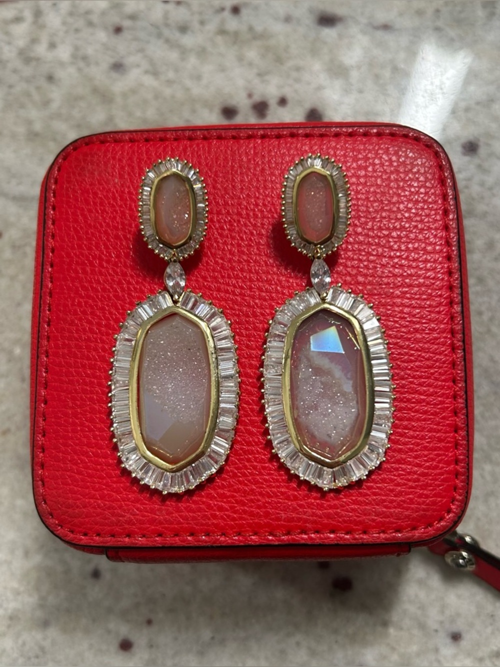 *Rare* Kendra Scott Kaki Earrings, Iridescent White Drusy Stone, Luxe Line